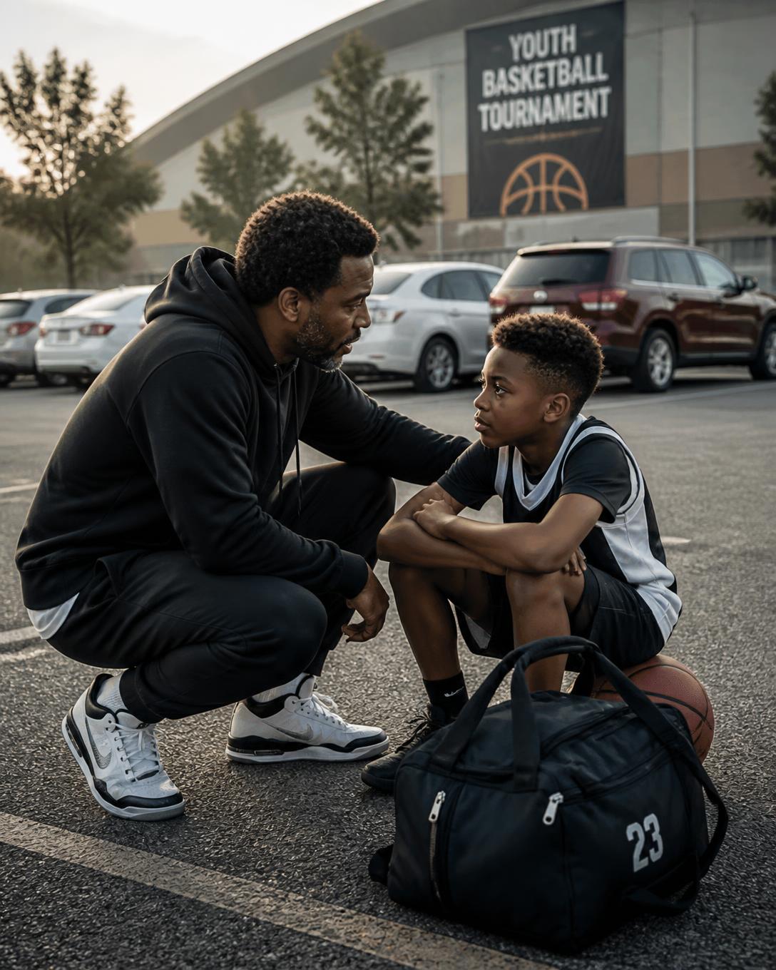 A father talking with his young athlete outside a youth basketball tournament